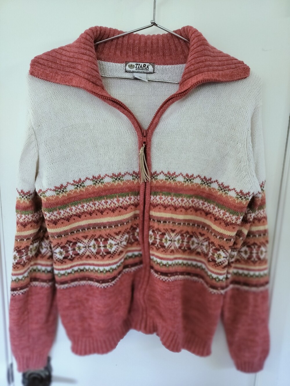 Tiara International Vintage Y2K Full Zip Fair Isle Sweater Size M Ramie Blend